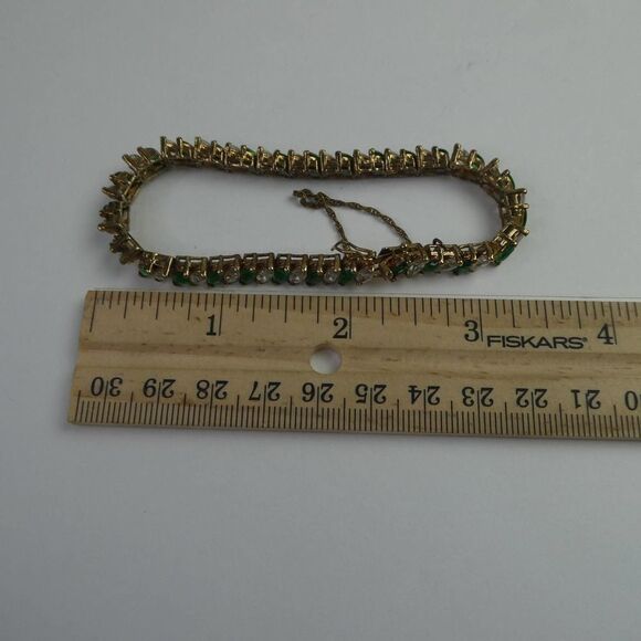 Edco Vintage Green White Rhinestone Tennis Bracelet W/ Safety Chain Gold Sparkly - Picture 8 of 8